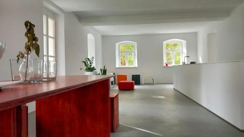 a living room with a counter in a room with windows at Minimalist Style Apartment In Upper Palatinate in Neunburg vorm Wald