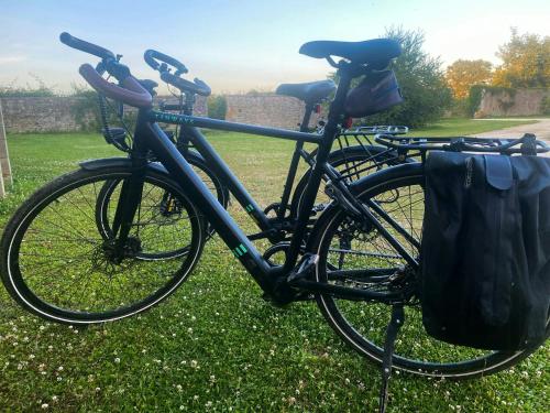 a bike parked in the grass in a field at Peaceful Cottage Near Saint-Savin Abbey in Journet