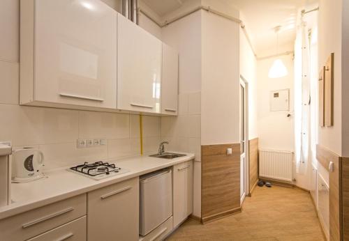 リヴィウにあるEconomy Apartment on Krehivska 7のキッチン(白いキャビネット、コンロ付)