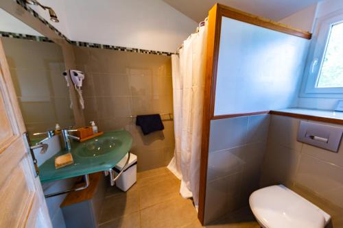 une salle de bain avec un lavabo vert et des toilettes dans l'établissement La Bergerie - Les Sittelles, à Pinarellu