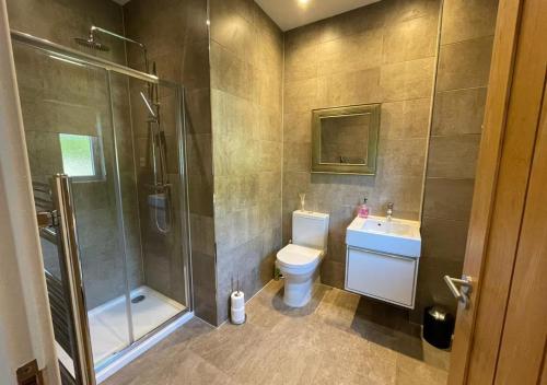 a bathroom with a shower and a toilet and a sink at Cotswolds Lakeside Home, Summer Lake in South Cerney