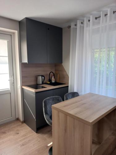 a kitchen with a table and chairs in a room at Ramus poilsis in Nida