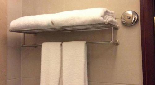 a bathroom with a towel rack with a towel at Yangshuo Greenlotus Hotel in Yangshuo
