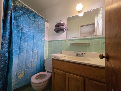 a bathroom with a toilet and a sink and a mirror at OYO Sandman Inn in Eagle Grove