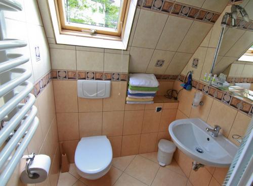 La salle de bains est pourvue de toilettes et d'un lavabo. dans l'établissement Kalina 2, à Zakopane