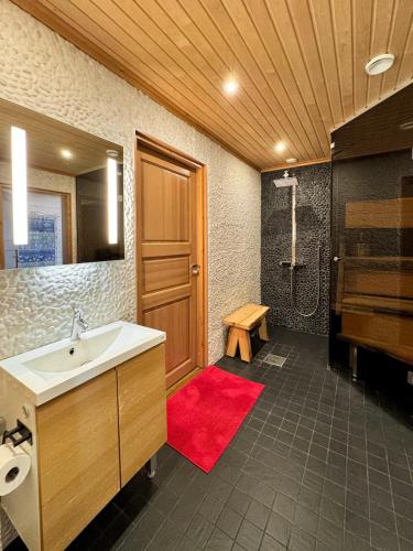 un baño con lavabo y ducha en AureenHelmi, en Aurekoski