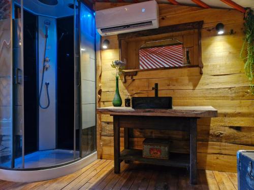 La salle de bains est pourvue d'une douche et d'une table avec un lavabo. dans l'établissement Yourte en pleine nature, 