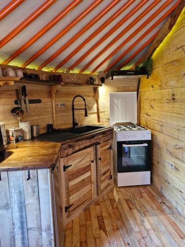 - une cuisine avec des placards en bois et une cuisinière dans une cabine dans l'établissement Yourte en pleine nature, 