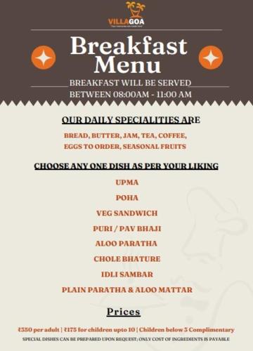 a menu for a breakfast menu in a restaurant at Beach front villa Ashwem Ocean in Mandrem