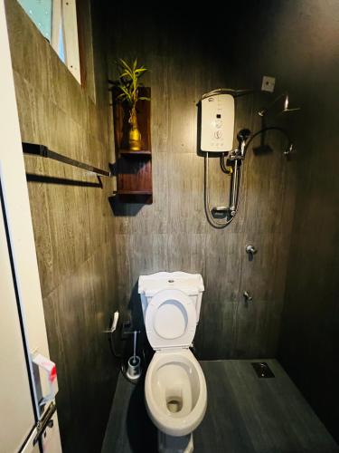 a small bathroom with a toilet and a shower at Mount Ash Villa Hatton in Hatton