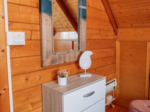una stanza con uno specchio e un comò in una cabina di Casa de campo entre viñedos a Laguardia