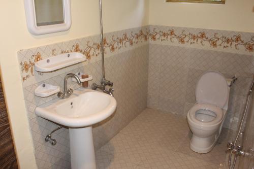 a bathroom with a sink and a toilet at Grandview Hotel skardu in Skardu