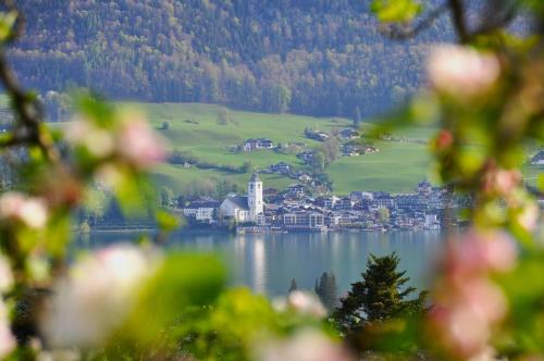 a view of a town on a lake with flowers at Altroiterhof in St. Wolfgang