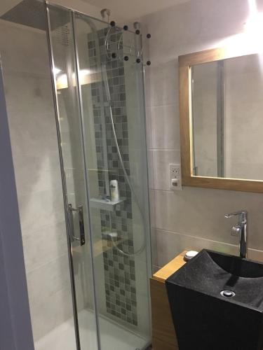une salle de bain avec une douche en verre et un lavabo dans l'établissement STUDIO Cosy rez de jardin climatisation parking wifi, à La Grande Motte
