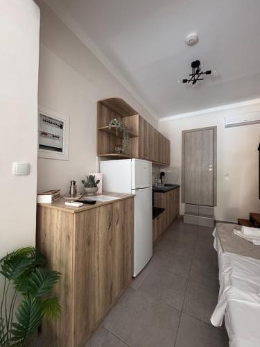 a kitchen with wooden cabinets and a white refrigerator at Mariam Apartment in Nea Moudania