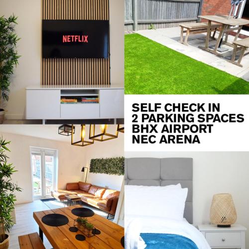a collage of photos of a bedroom and a living room at Modern 2 Bed house - HS2, NEC & Birmingham Airport in Marston Green