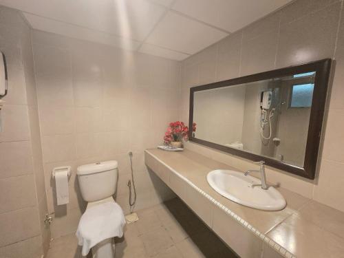 a bathroom with a sink and a toilet and a mirror at Aster+ Hotel Bukit Jalil in Kuala Lumpur