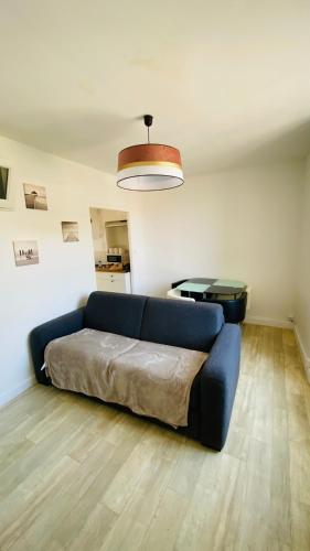 a living room with a blue couch in a room at Le coin détente in Nevers