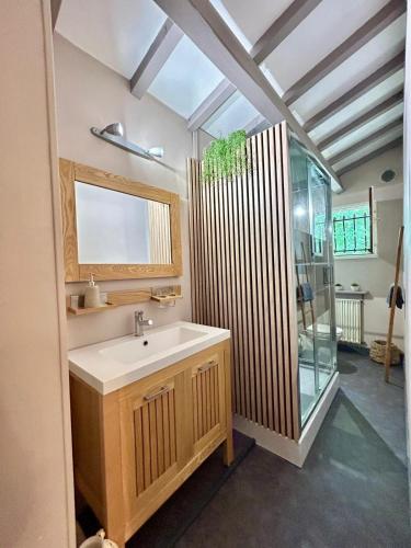 une salle de bain avec un lavabo et une douche dans l'établissement Maison familiale avec piscine au Cap Ferret Gîte chaleureux 5 chambres idéal pour familles avec enfants Proche plages pistes cyclables et forêt Calme confort et nature pour des vacances inoubliables proche Arcachon, à Lège-Cap-Ferret