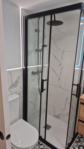 a bathroom with a glass shower with a toilet at Apartamentos Pino in Benidorm