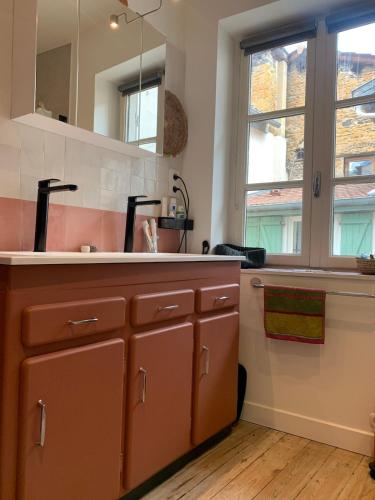 une cuisine avec un comptoir, un évier et une fenêtre dans l'établissement Maison de charme, City center, green setting, à Lyon