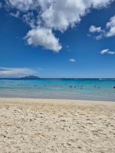 a group of people in the water at the beach at Kaz Memel in Beau Vallon