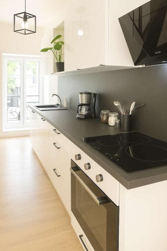 - une cuisine équipée d'un four avec plaques de cuisson en noir et blanc dans l'établissement Le Mans'ardé, au Mans