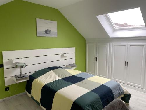 a bedroom with a bed with green walls and a skylight at Confortable Appartement près de Metz pour 6 personnes in Ban-Saint-Martin