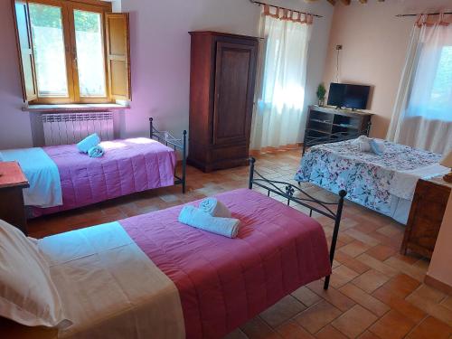 a room with two beds and a tv in it at Agriturismo Roccamaia in Pievebovigliana