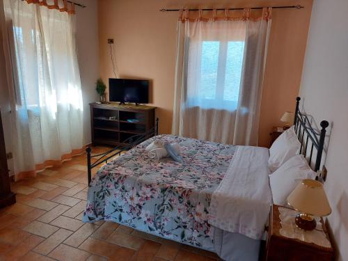 a bedroom with a bed and a tv and windows at Agriturismo Roccamaia in Pievebovigliana