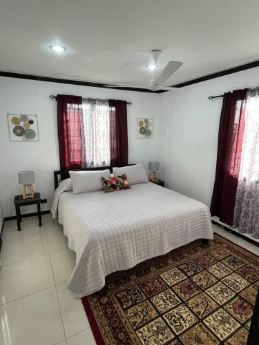a bedroom with a white bed and two windows at Silagi Holiday Home in Nadi
