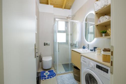 a bathroom with a toilet sink and a washing machine at Cosy apartments in Análipsis