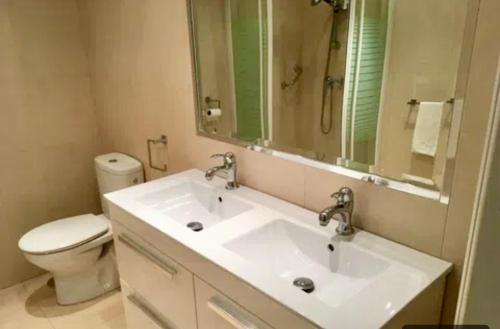 a bathroom with a sink and a toilet and a mirror at Hotel Pyr private studio in Fuengirola