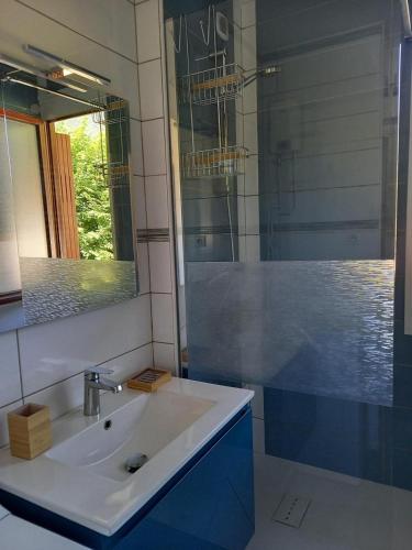 a bathroom with a sink and a glass shower at Vacances cures luchon in Luchon