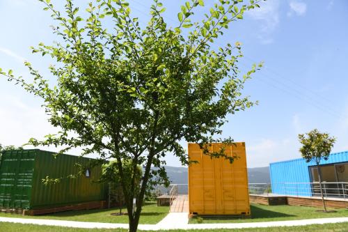 a tree and a yellow door next to a building at Vizinhos do Sol Turismo Rural in Valadares