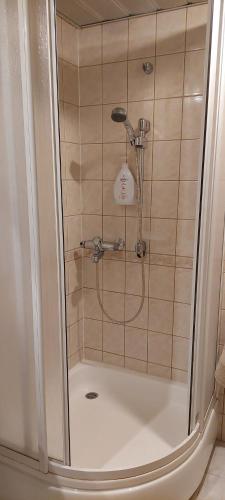 a shower with a shower head in a bathroom at Avar korter Kuressaare südames in Kuressaare