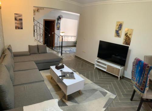 a living room with a couch and a tv at Villa waterway 2 in Cairo