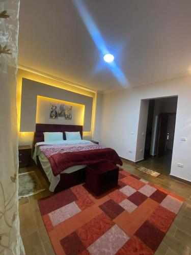 a bedroom with a bed and a rug in it at Villa waterway 2 in Cairo