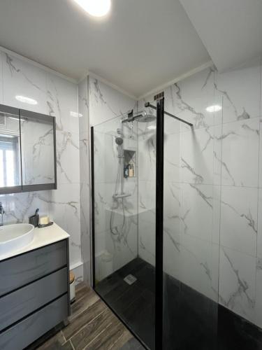 un baño con ducha y lavabo en Appartement Le Havre, en Le Havre