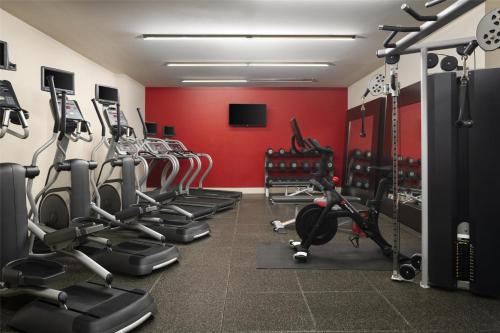 a gym with cardio equipment and a red wall at Hilton Garden Inn New York/Midtown Park Avenue in New York