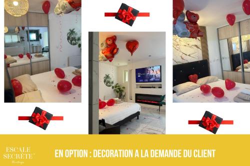 a collage of photos of a room with red balloons at Escale secrète Montargis Jacuzzi Terrasse Parking gratuit in Montargis
