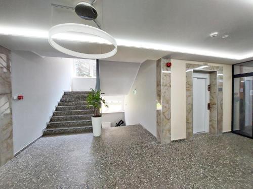 a hallway with a staircase with a potted plant at Wesendorf Residenz Premium Lounge in Wesendorf