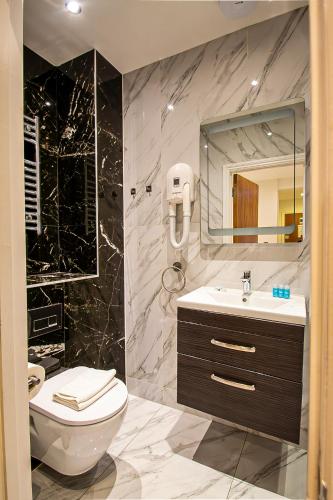 a bathroom with a sink and a toilet and a mirror at Hyde Park Superior Apartments in London