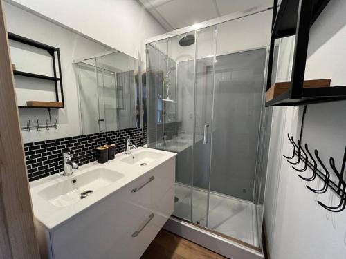 une salle de bain avec un lavabo et une douche en verre dans l'établissement Appartement vue mer - Narbonne Plage 4CL6, à Narbonne-Plage