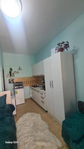 ein Wohnzimmer mit Sofa und eine Küche in der Unterkunft Garsoniere Leka in Pogradec