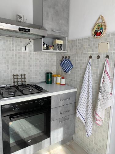 a kitchen with a stove and a counter top at Tra Fiori e Antichità in Cerchiara
