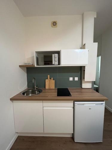 une petite cuisine avec un évier et un micro-ondes dans l'établissement Au pied du château, à Lourdes
