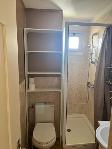 une petite salle de bain avec toilettes et douche dans l'établissement Le Volvire 31, au Cap d'Agde