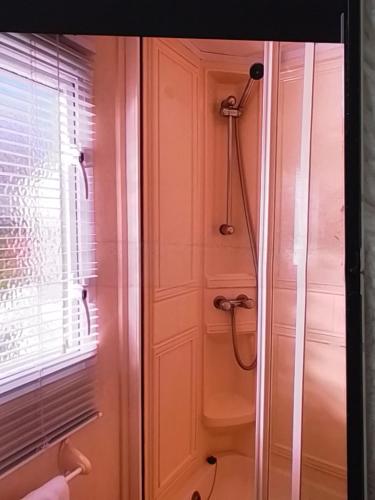 a shower in a bathroom next to a window at Cosy holiday home in Warden