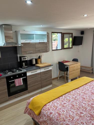 - une cuisine avec un lit et une table dans une chambre dans l'établissement The Studio at Gites 474, à Sallèles-dʼAude